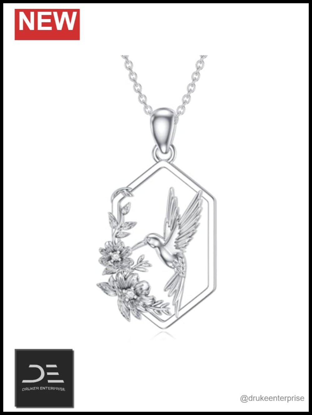 925 Sterling Silver Hummingbird Pendant Necklace with Cultured Diamonds